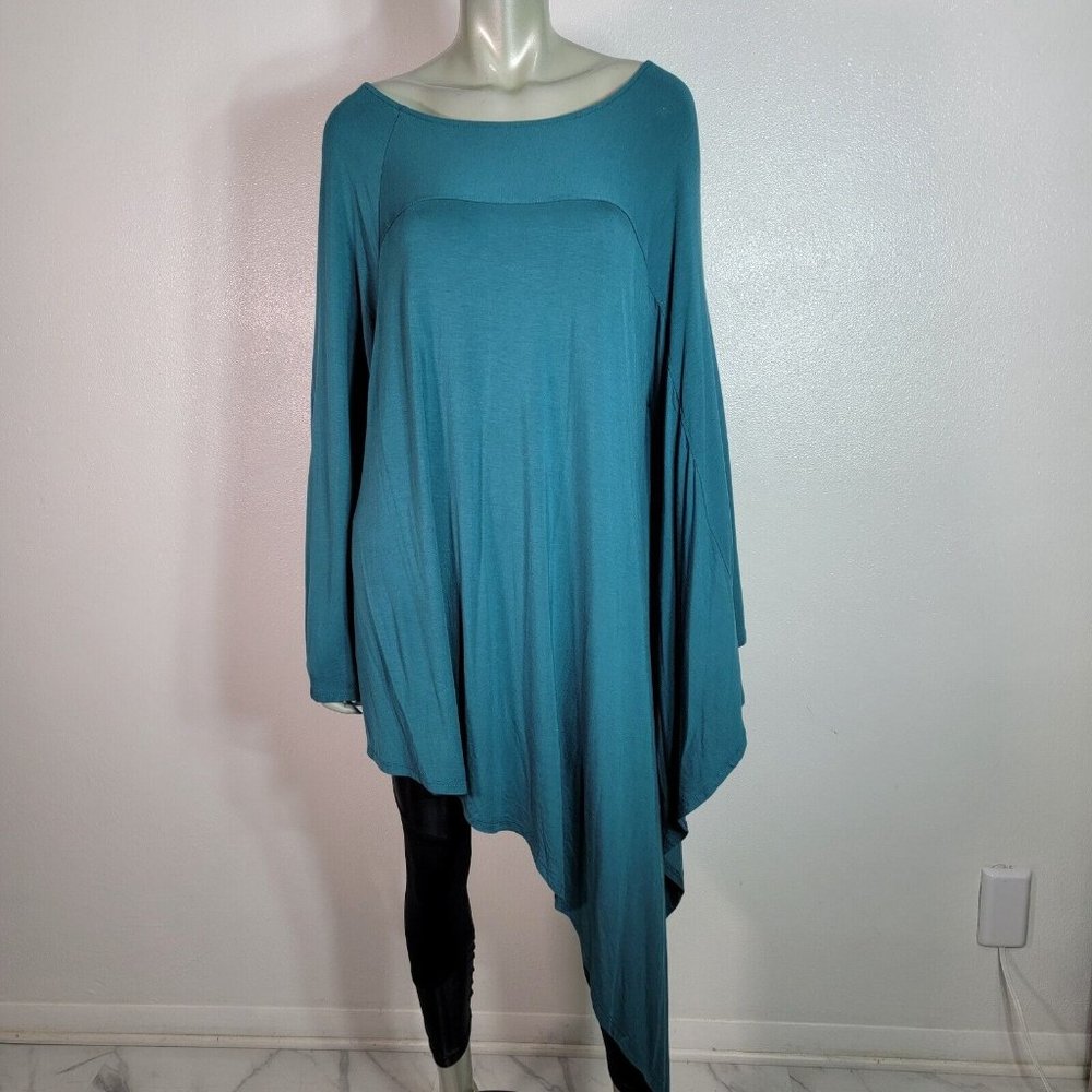 Roaman's Tunic Top Plus Size 22/24 Boat Neck Asymmetric‎ Long Hem Stretch Green - Picture 2 of 8